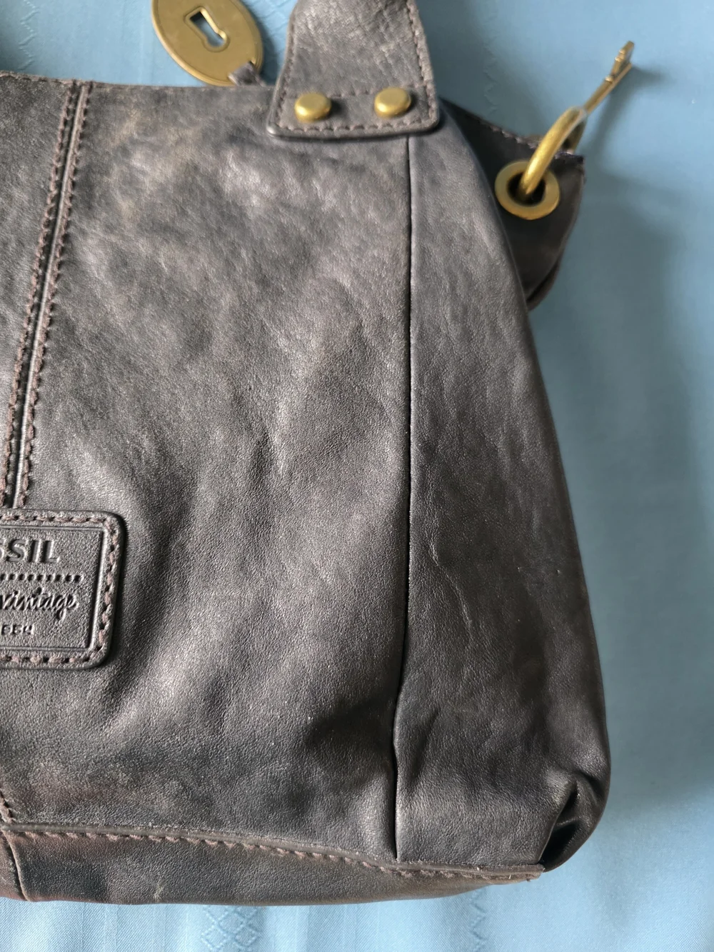 Fossil Long Live Vintage Black Pewter Metallic Leather Cargo Satchel Bag Y2K